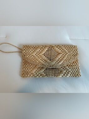 Bohemian Handwoven Straw Envelope Clutch Bag Natural Tan Geometric Design